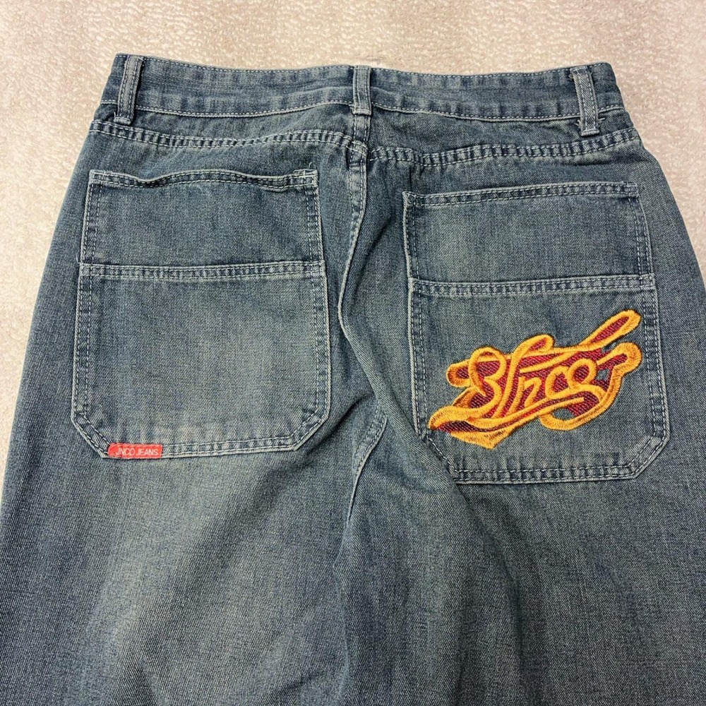 VTG JNCO Jeans Blue Wide Leg Embroidered Graffiti Patch Baggy Skater Mens 31x27